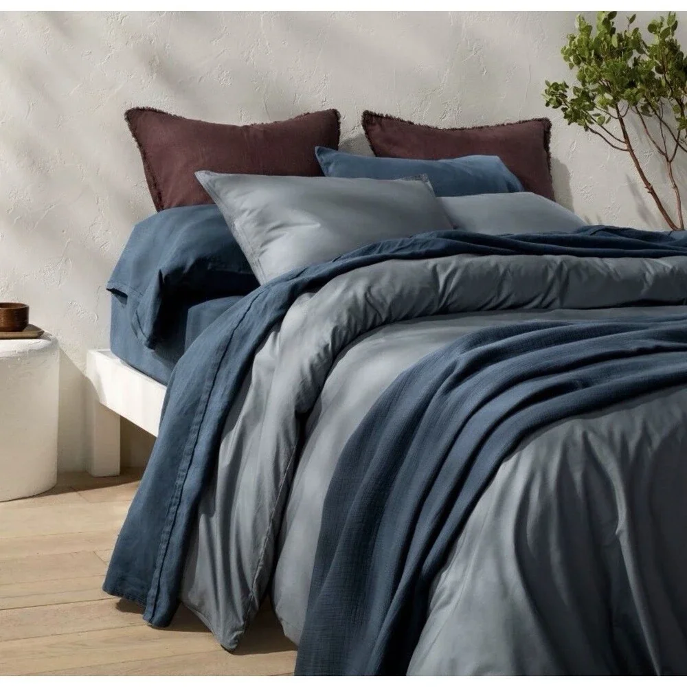 Queen Cotton Percale Duvet Set Mineral Blue - Casaluna NEW